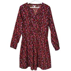 BASS Dress Long Sleeve Ruffles Elastic Waist Floral Brown Lavender Red Women L
